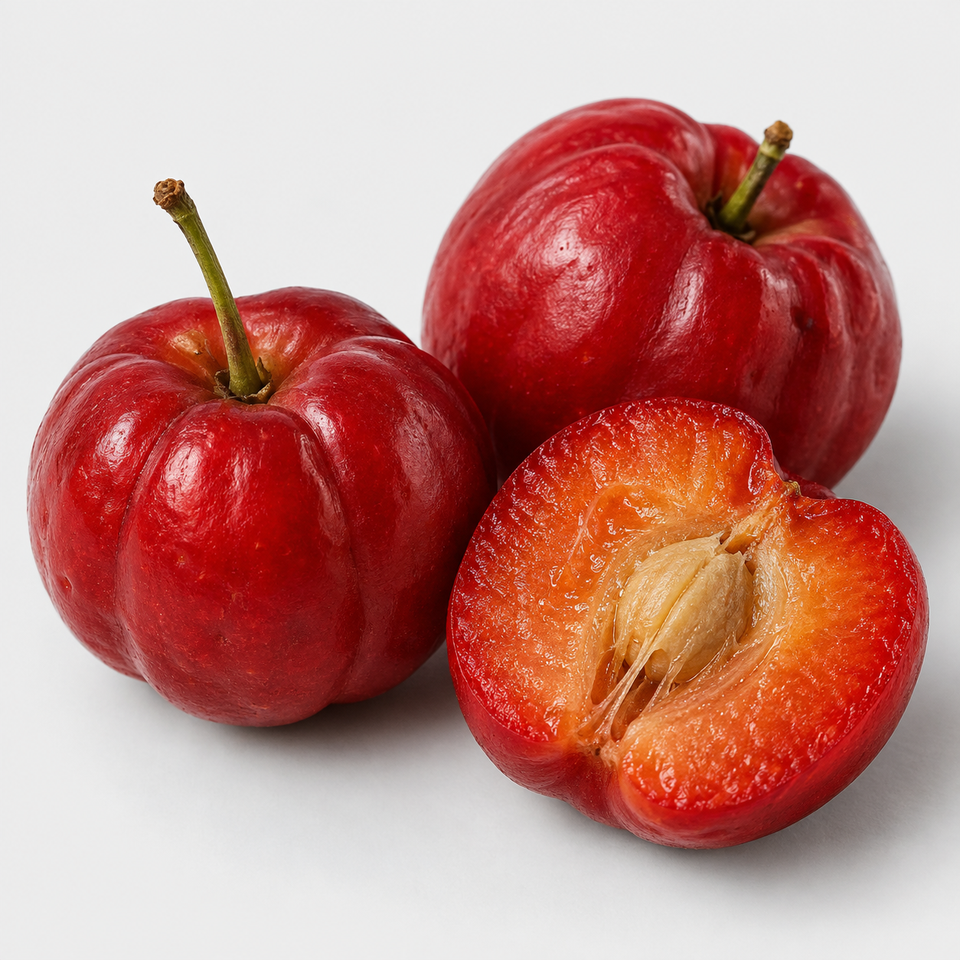 Whole and cut acerola cherries on a gray background