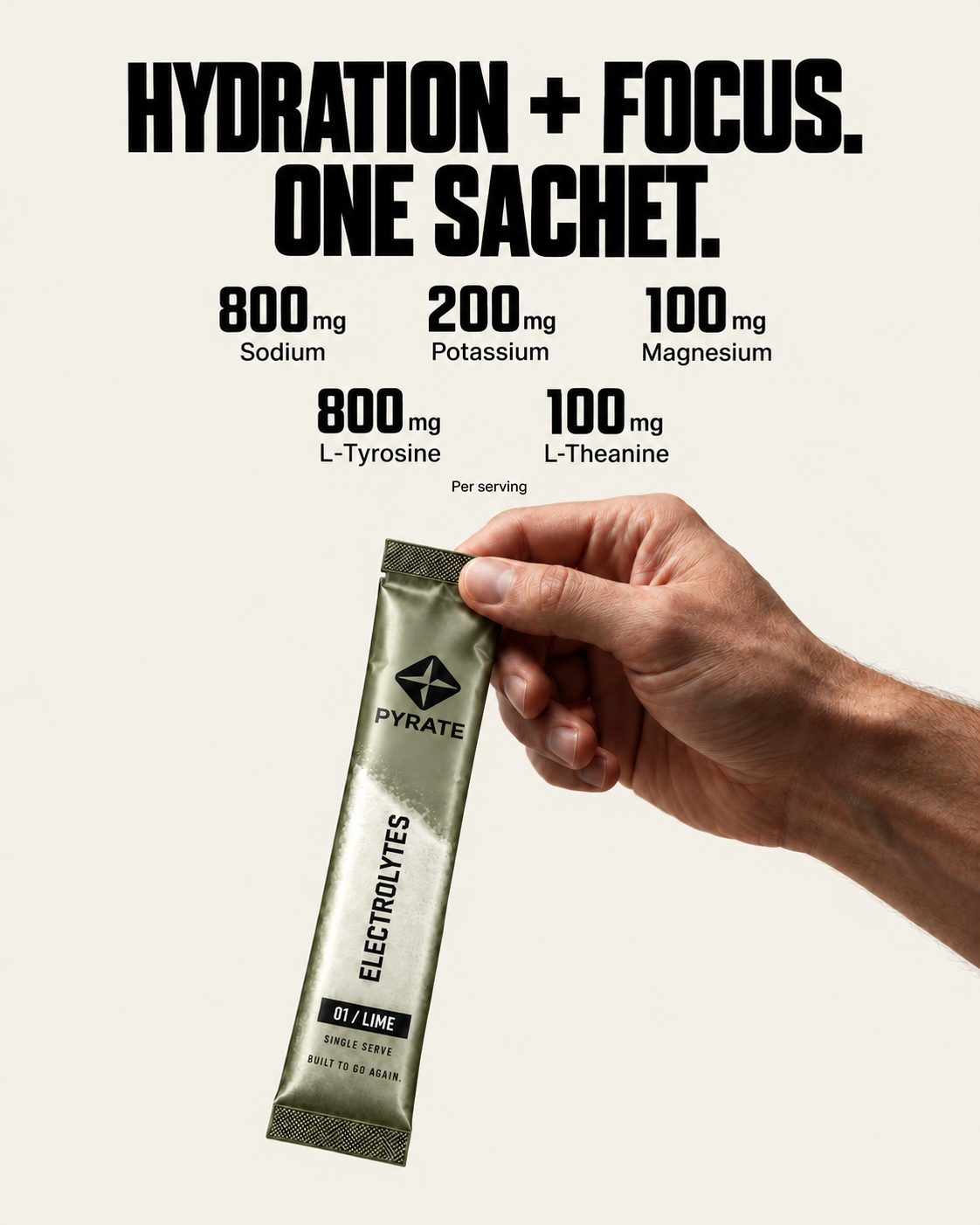 Hydration and focus in one PYRATE sachet, five fully disclosed ingredient doses