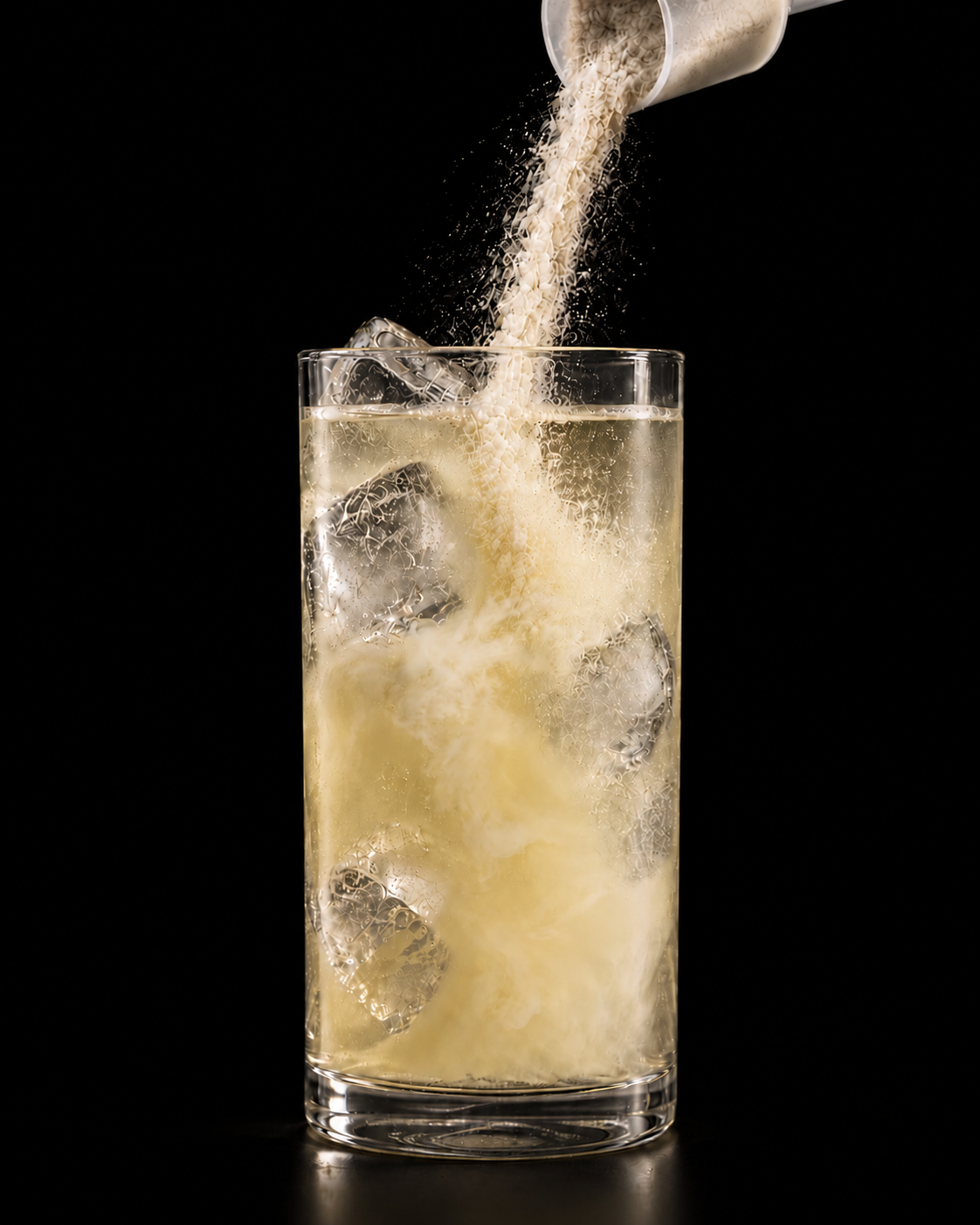 Tart Citrus powder poured into a glass of iced water on black