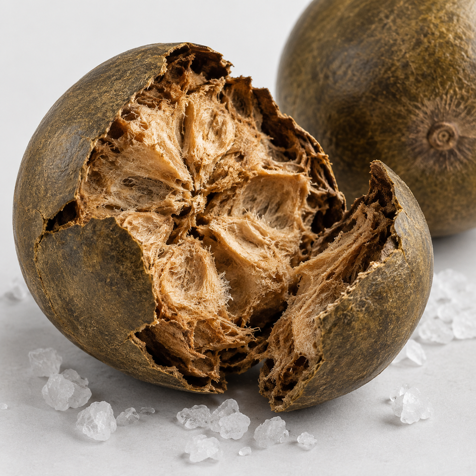 Broken monk fruit with sea salt on a gray background
