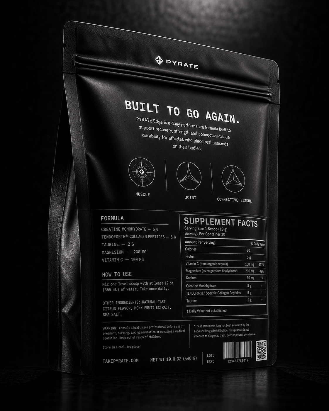 PYRATE Edge rear pouch showing the formula and Supplement Facts